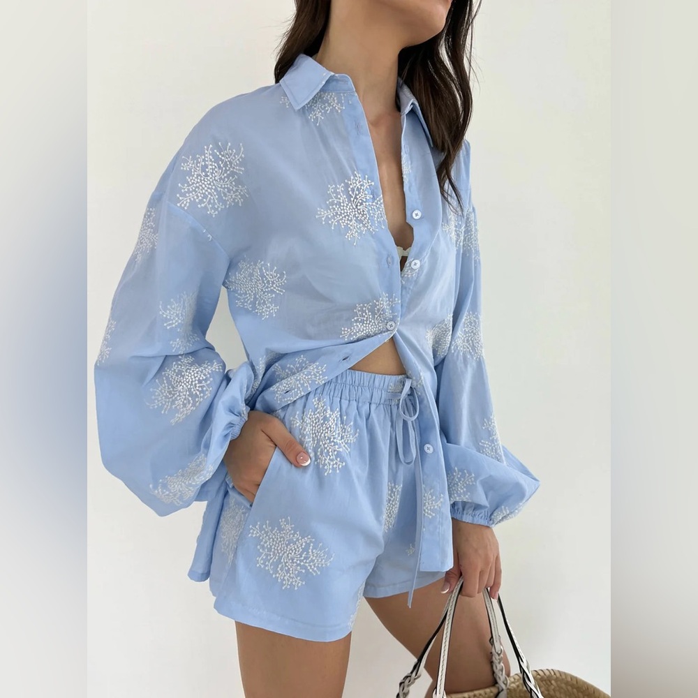 NWT Pale Blue Silky Embroidered Shirt and Shorts Set SzXL